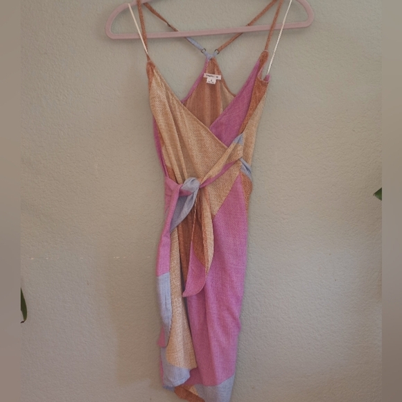 O'Neill Marlo Beige Icy Blue Pastel Pink Flowy Silky Halter Coastal Wrap Dress - Picture 5 of 12